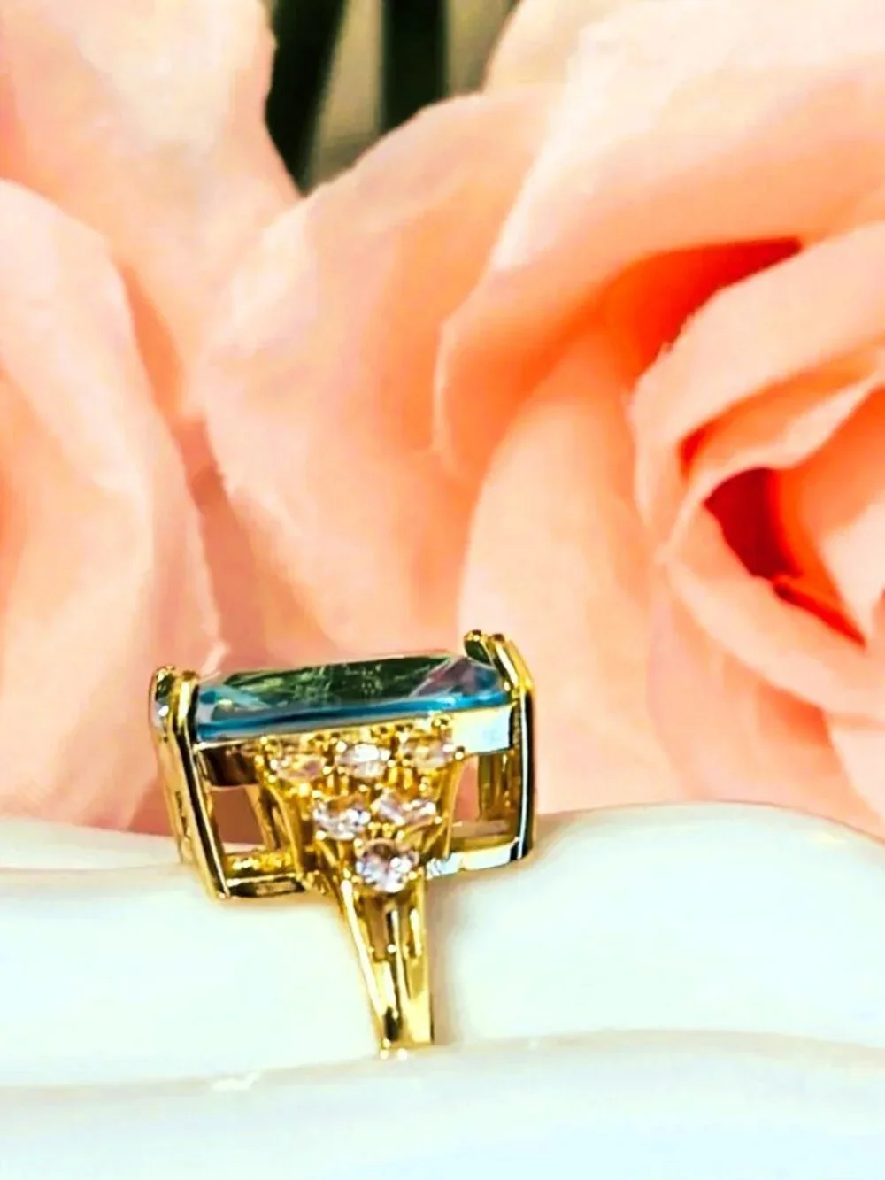 Aqua Emerald Cut Statement Ring – Stainless Steel & CZ - Cocktail Ring